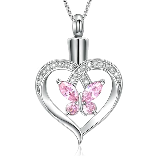 Oinsi Heart Cremation Jewelry Crystal Butterfly Urn Necklace for Ashes Stainless Steel Ash Necklace Memorial Keepsake Lokets for Ashes for Women Pink