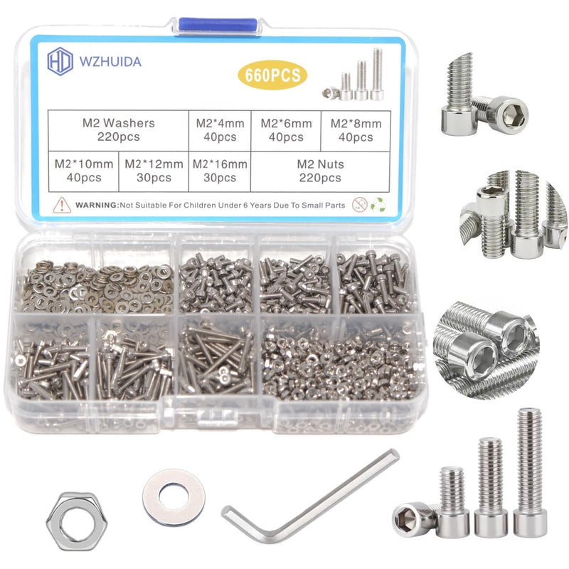 [Australia - AusPower] - 660 Pcs M2 Screw Assortment, Metric Hex Socket Head Cap Bolts, M2*4mm/6mm/8mm/10mm/12mm/16mm Screws Nuts and Washers, Stainless Metric Bolts Nuts Washers Kit with 1 Hex Allen Wrench M2 660Pcs 4mm-16mm 