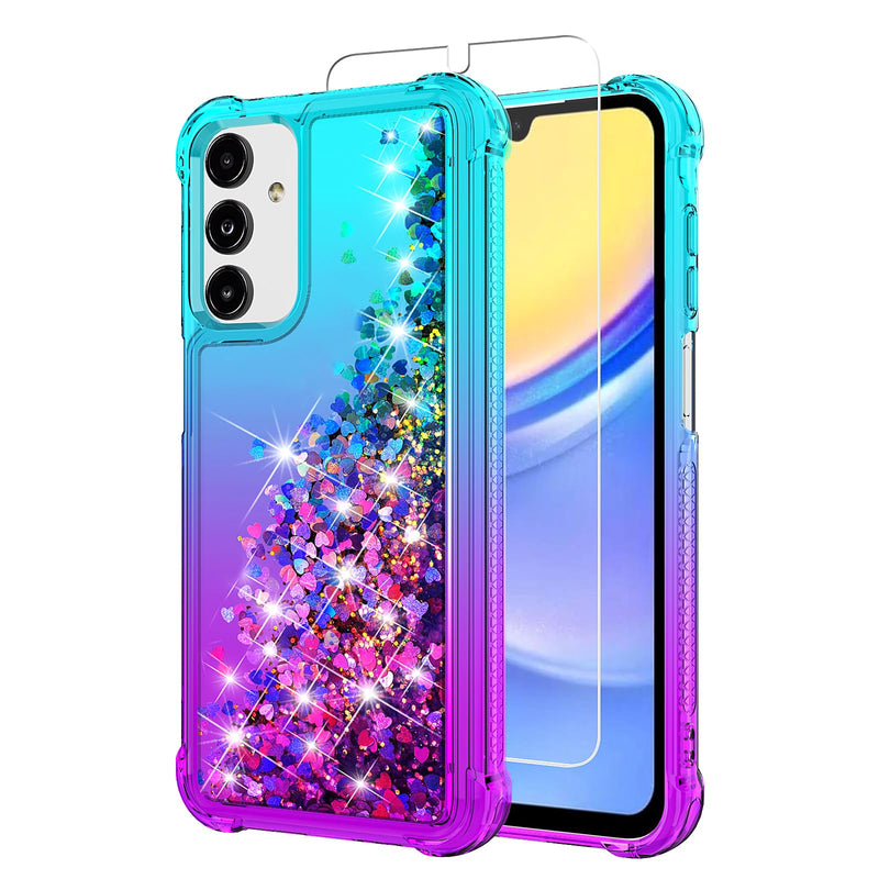 [Australia - AusPower] - for Galaxy A15 5G Phone Case,Samsung Galaxy A15 5G Case,with HD Screen Protector,Gradient Quicksand Glitter Liquid Floating Cute Phone Case for Samsung A15 5G (Teal/Purple) Y Teal/Purple 
