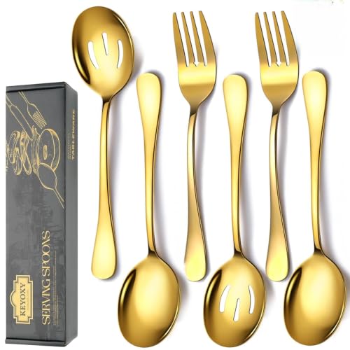 Six-piece KEYOXY gold serving spoons set includes 10-inch solid and slotted spoons and forks for elegant serving.