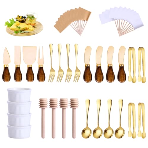Charcuterie Boards Accessories(29 PCS) Cheese Spreaders for Charcuterie Board Mini Serving Spoon Fork Tongs Blank Toothpick Flags Bowl Gold