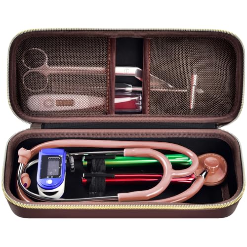 Casmilee Stethoscope Case for 3M Littmann Classic III, for MDF, Bag Only | Hard Shell Organizer with 2 Mesh Pockets and 3 Elastic Compartments for Doctors, Nurses, Students, Clinic, Chocolate