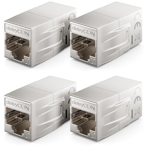 deleyCON RJ45 Coupling CAT 7 10Gbps 600 MHz Metal, Pack of 4, Silver | Connector CAT7 Extension, Ethernet Adapter, Compatible with Cat8 Cat7 Cat6 Cat5, Patch Cable, LAN DSL POE, 2x RJ45 Female 4 pieces