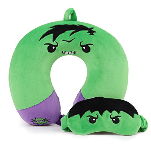 Superhero Travel Pillow for Kids & Adults with Sleep Eye Mask, Memory Foam U-Shaped Neck Pillow with Washable Cover, Soft Head Support Travel Accessories for Airplane Car Train Bus Recline, Green Green Set