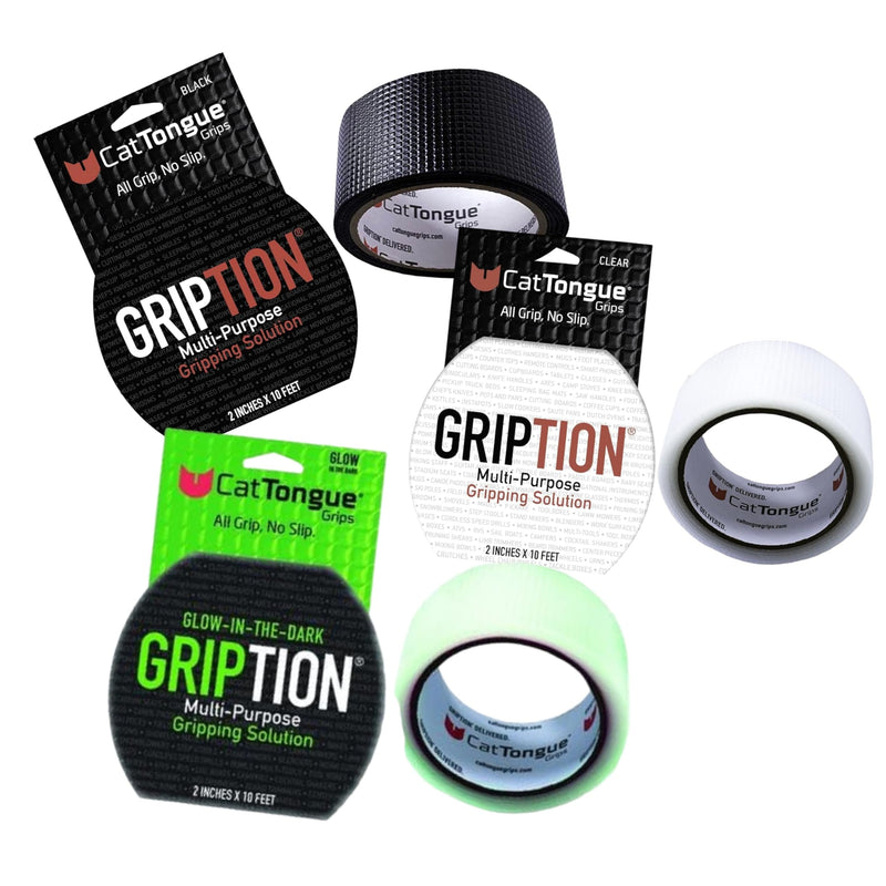 CATTONGUE GRIPS Non-Abrasive Grip Tape Roll Bundle Heavy Duty Non Slip Tape for Indoor & Outdoor Use, Waterproof Anti Slip Tape for Thousands of Uses (Black, Clear, & Glow in The Dark)