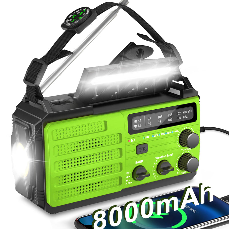 [Australia - AusPower] - Emergency Weather Radio,8000mAh AMFM NOAA Weather Alert Radio,Solar Hand Crank Powered Radio with Super Bright Flashlight,Phone Charger,SOS Alarm,Compass for Survival, Hurricane,Outdoor, Emergency Green 