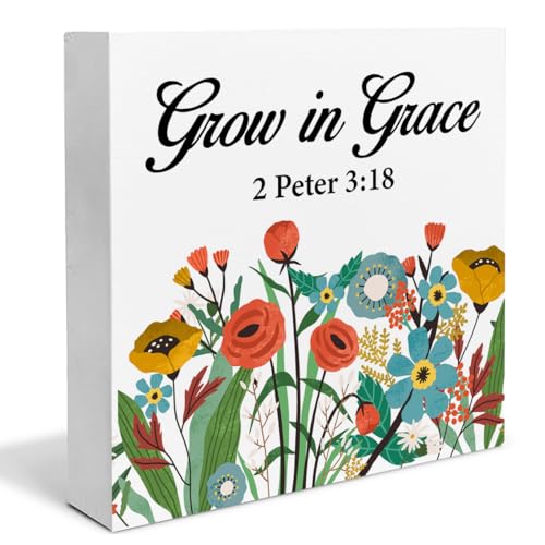 Christian Desk Decor Farmhouse Grow in Grace Scriptures Floral Wood Box Sign Bible Verse Decorations Rustic Home Desk Shelf Tabletop Decor 5 x 5 Inches yf-16