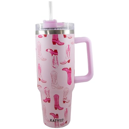 KATYDID 40oz Stainless Steel Tumbler with Handle and Straw - Dishwasher Safe Insulated Tumbler for All-Day Hot or Cold Coffee, Water, Tea, Smoothies and More (Light Pink Western Boots) Light Pink Western Boots