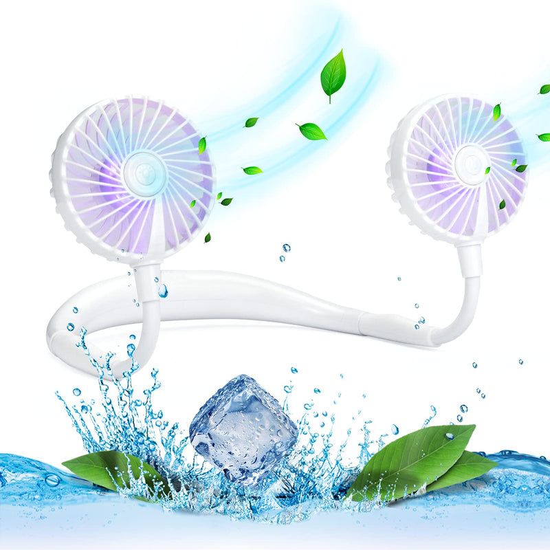 [Australia - AusPower] - Portable Cooling Neck Fan, Rechargeable USB Personal Neck Fan with Colorful LED lights, 360° Rotation, Wearable Neck Fan Air Conditioner for Office Travel Sport, 3 Adjustable Speeds White 