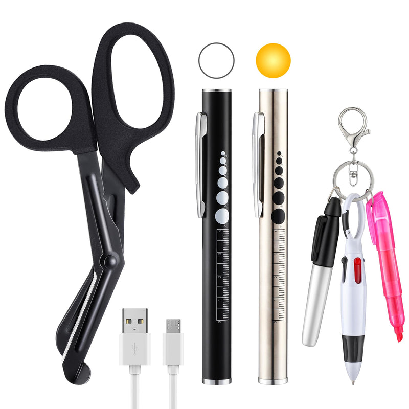 [Australia - AusPower] - Enhon 6 Pack Nurse Tools Set, 2 Rechargeable LED Pen lights with Two Sources and Pupil Gauge, One 6'' Trauma Bandage Shear and 3 Mini Highlighter Nurse Pen for Nurse, Nursing Student, Doctor (Black) Black 