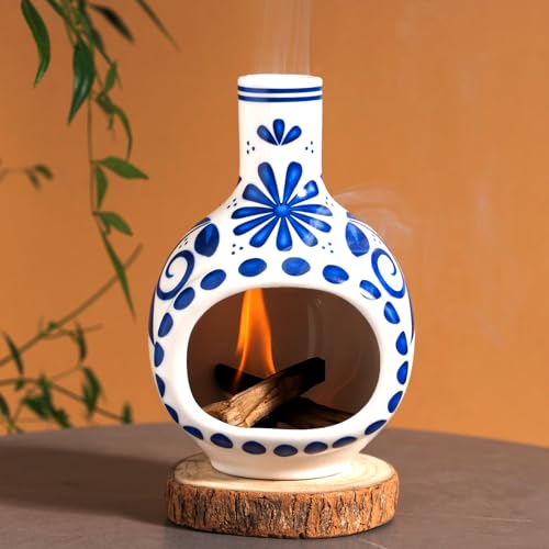 Ceramic Palo Santo Holder Chimney Burner, Cute Mini Chiminea Incense Cone Palo Santo Holder-blue and White