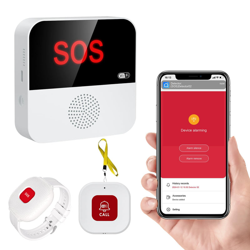 WiFi Pager, Caregiver Pagers Life Alert Systems for Seniors no Monthly Fee, 1 Receiver and 1 SOS Panic Button & 1 Watch Pager, Compatible with Tuya Smart/Smart Life APP Style 1