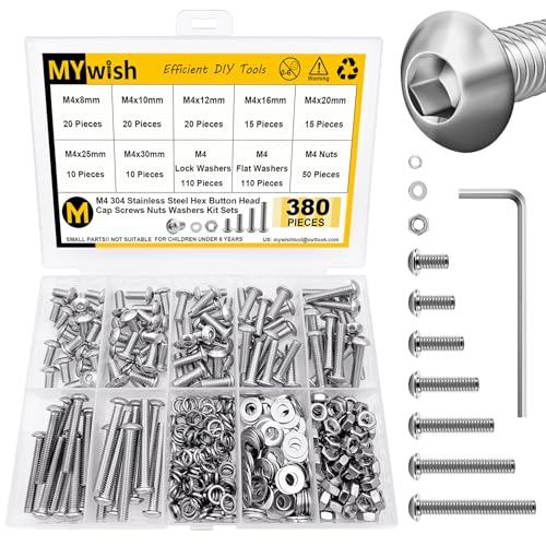 MYWISH M4 screw and bolt assortment kit with 304 stainless steel button head bolts, nuts, washers, and hex wrenches