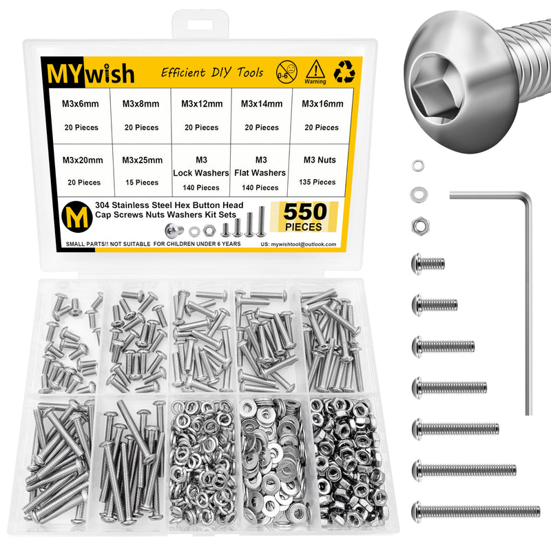 [Australia - AusPower] - 550Pcs M3 Screw Assortment Kit 304 Stainless Steel Hex Socket Button Head Socket Cap Metric Screws Bolts, Flat & Spring Lock Washers/Nuts/Hex Wrenche M3*6/8/12/14/16/20/25mm Silver 550 Pcs Hex Button Head - M3 
