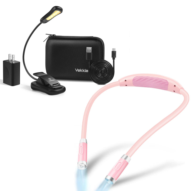 [Australia - AusPower] - Vekkia Rechargeable Book Light - Includes 4 LED Pink Neck Reading Light and 6 LED Black Book Light Set with Charger 