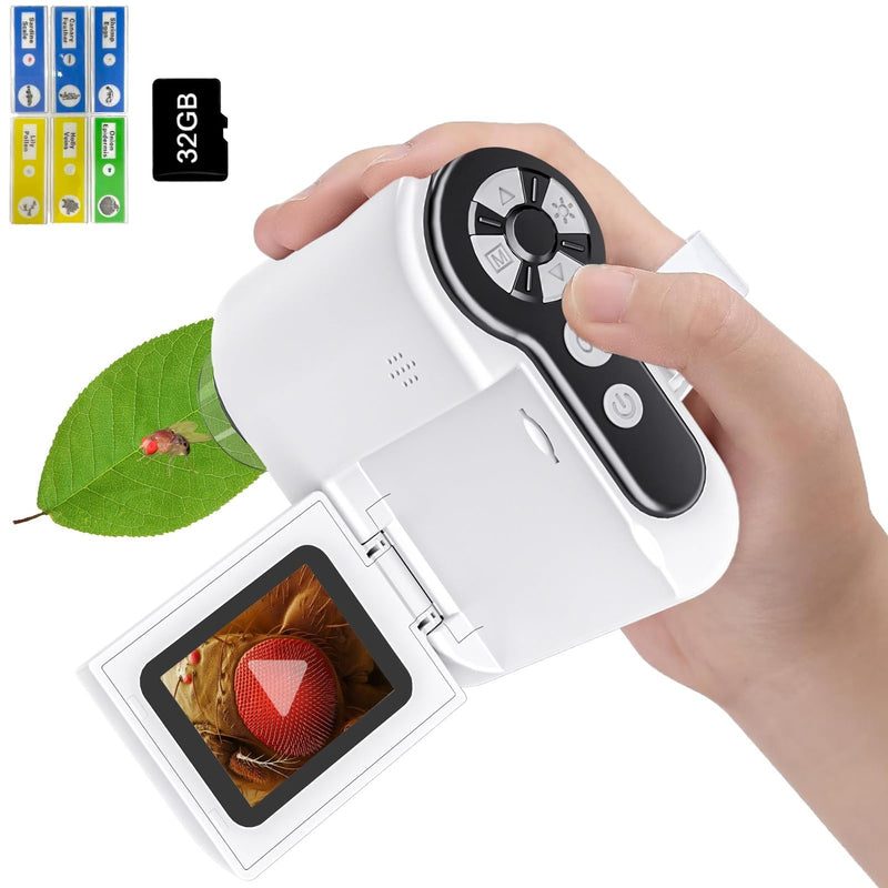 [Australia - AusPower] - Microscope for Kids - 1000X Portable Kids Microscope Handheld Microscope | Telescope and Microscope with 32GB SD Card | Photo and Video Mini Microscope | Science Kits for Kids Over 3 Years Old White 