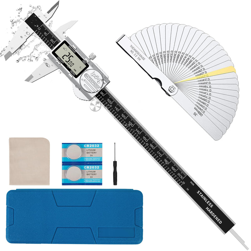 [Australia - AusPower] - Digital Caliper, (ABS) Absolute Scale Caliper 8in, IP54 Electronic Measuring Tool, Inch/MM/Fraction, Auto-Off LCD Stainless Steel Waterproof Micrometer Vernier Caliper, with Feeler Gauges ABS-8inch/200mm 