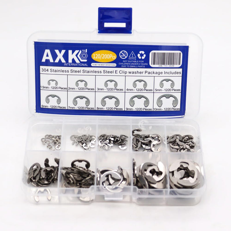 [Australia - AusPower] - 120/200 PCS/Box 304 Stainless Steel Stainless Steel E Clip Washer Assortment Kit Circlip retaining Ring for Shaft Fastener M1.5~M10 (120) 120 