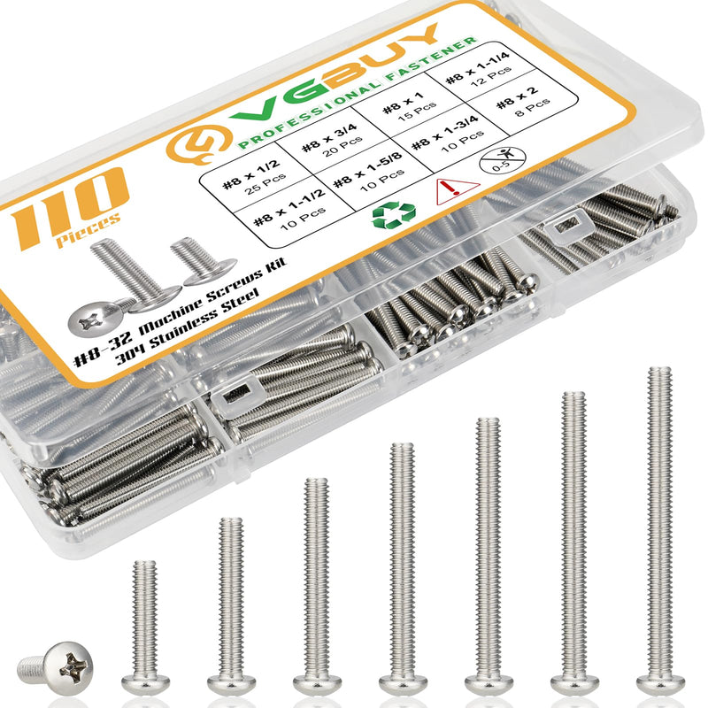 [Australia - AusPower] - 110Pcs Machine Screws Assortment kit,Assorted 1/2 to 2 inch Long # 8-32 Machine Screw,304 Stainless Steel Phillips Pan Head Screws Bolts for Electrical Wall Socket,Household Repairs 