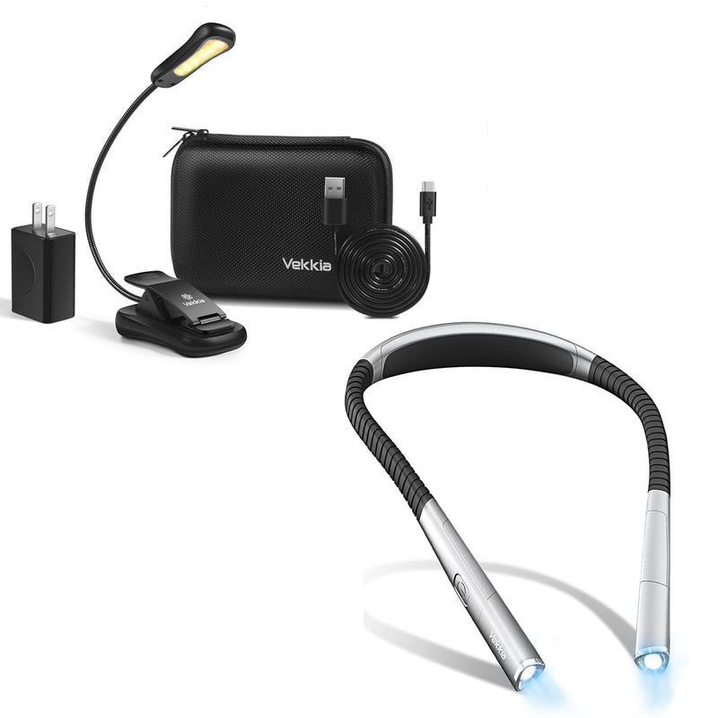 [Australia - AusPower] - Vekkia Rechargeable Book Light - Includes The Newest Neck Reading Light and 6 LED Black Book Light Set with Charger 