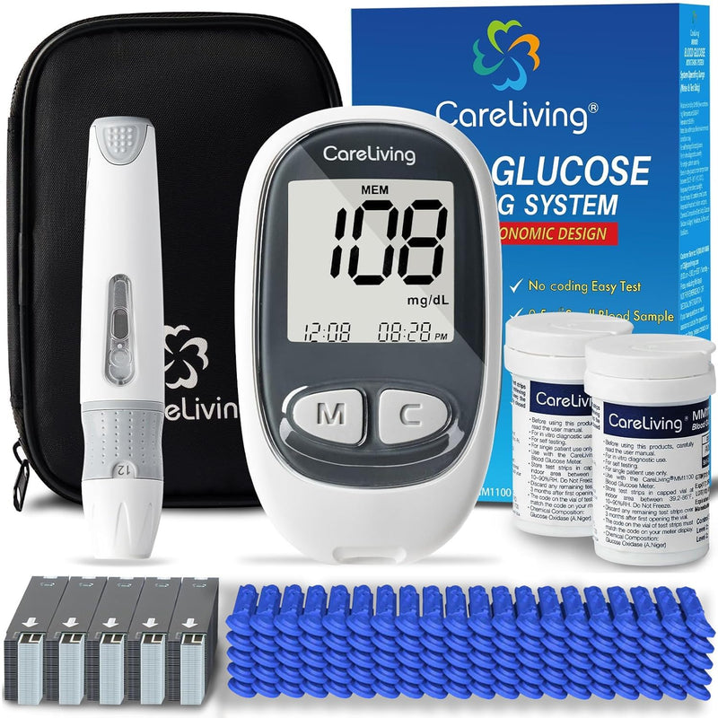 [Australia - AusPower] - CareLiving MM1100 Blood Glucose Monitor Kit with 100 Test Strips, 100 Lancets, 1 Blood Glucose Meter, 1 Lancing Device, Diabetes Testing Kit, Portable Blood Sugar Test Kit, Glucometer Kit for Home 