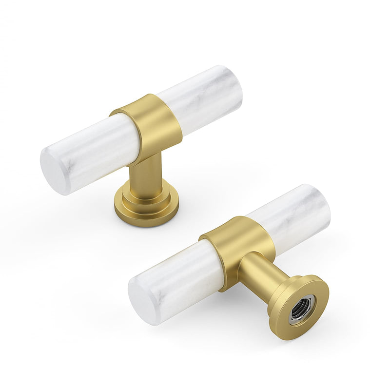 Rergy Cabinet Handles Marble Drawer Pulls and Knobs, 10Pack White Marble & Matte Gold Single Hole, T-Bar Hardware for Kitchen Dresser Zinc Alloy Furniture 10