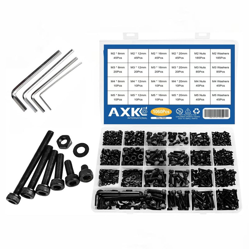 [Australia - AusPower] - AXK 1060pcs M2 M3 M4 M5 Hex Socket Screw Set Carbon Steel Flat Round Cap Head Screws Bolts and Nuts Assortment Kit with Storage Box (Black, M2, M3, M4, M5) Black 