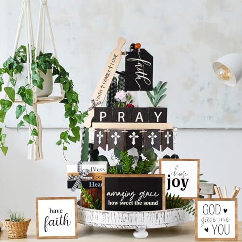 Tatuo 13 Pcs Easter Tiered Tray Decor Set Religious Wooden Table Decor