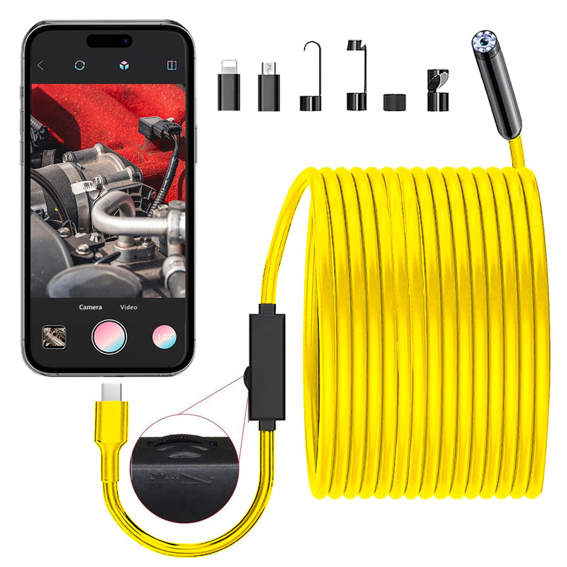 JSE Endoscope Camera with Light, 16.4FT Waterproof Borescope 1920P HD, Semi-Rigid Cable, 8 Adjustable High Brightness LED Lights Inspection Snake Camera for iPhone, Android, iPad Yellow