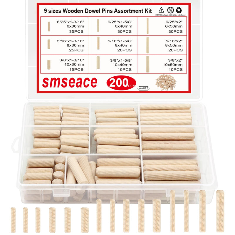 smseace 200Pcs Wooden Dowel Pins with Tapered End with Bevel Angle Groove Wood Pegs - 9 Sizes 6/25" 5/16" 3/8"(6mm, 8mm, 10mm) Used for Crafts, Furniture, Door, DIY(with storage box)