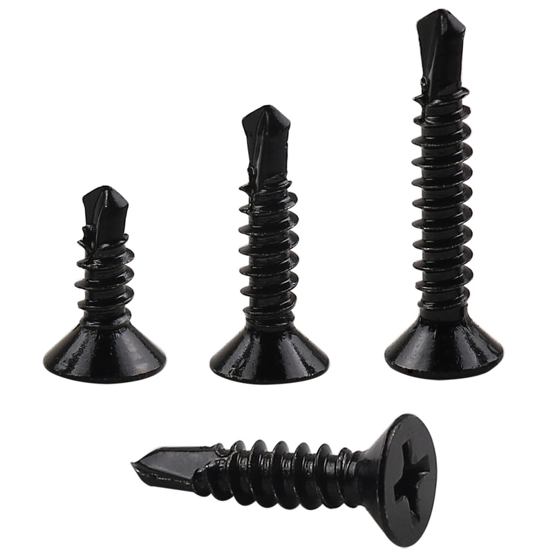 [Australia - AusPower] - 410 Stainless Steel #8 Self Drilling TEK Screw Assortment Kit, Flat Head Self Tapping Sheet Metal Screws, Length 1/2" 3/4" 1" 150 PCS - Black Oxide #8 Flat Head 
