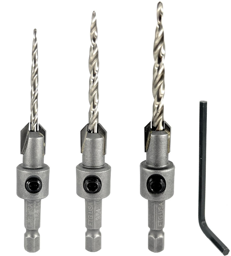 FTG USA 3 Pc #4#6#8 TCT Tapered Bit Wood Countersink Set, Standard Flute | Premium tungsten carbide tipped (TCT) cutter set for clean woodworking. Includes sharp tapered drill bits and an Allen wrench Standard Flute w/o Depth Stop