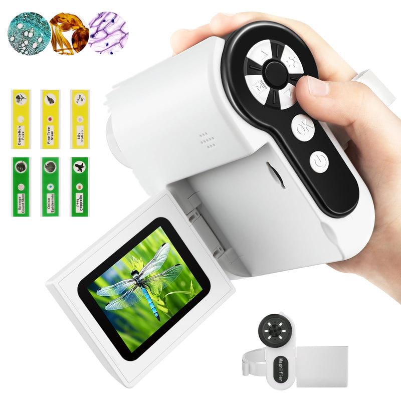 [Australia - AusPower] - Microscope for Kids, 1000X Handheld Digital Microscope with 2" LCD Screen Portable Mini Microscope for Kids 3-12, PC Compatible, 32GB TF Card Included, Great Educational Tool - White & Black 