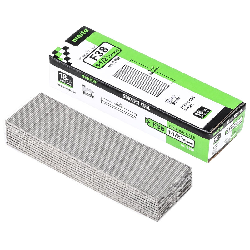[Australia - AusPower] - meite 18 Gauge Stainless Steel Brad Nails, 1-1/2 Inch 18GA Brad Nails, 304 Stainless Steel Small Finishing Nail Gun Nails for Pneumatic, Electric Brad Nailer Gun (2,000 Counts) 