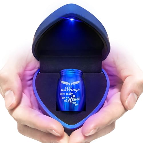Small Urns for Human Ashes Keepsake, Mini Urn Cremation for Ashes, Little Tiny Baby Infant ERN Earns Holder Container Necklace Loss Memorial Gifts Funeral Urn - Heart Box with Blue Light