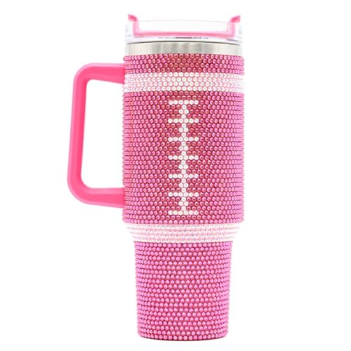 Pink Football 40 Oz Rhinestone Bling Tumbler Cup with Handle and Straw