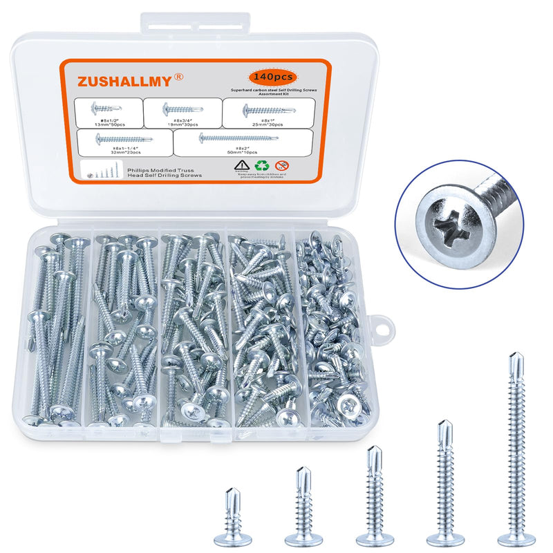 [Australia - AusPower] - 140 Pcs #8 Self Tapping Screws for Metal, Sheet Metal Screws Assortment Kit, Modified Truss Head Zinc-Plated Steel Screws, includes 5 Size (1/2in, 3/4in, 1-1/4in, 1in, 2in) 