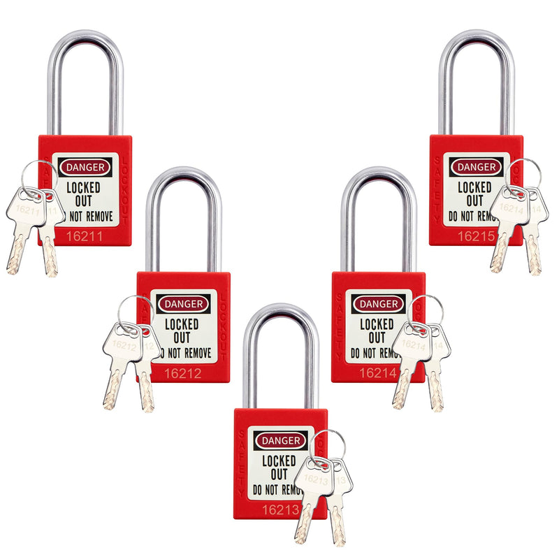 [Australia - AusPower] - Lockout Tagout Locks, 5 Red Loto Lock Set, Safety Locks Keyed Different, 2 Keys per Locks, OSHA Compliant, Different Numbers for Lock Out Tag Out Station and Devices 5 pack padlocks-steel shackle 