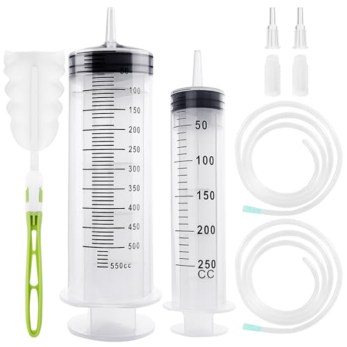 Samulee Syringe 250 ml + 550 ml, Set of 2 Syringes with Hose | Dosing Syringe, Large Syringe for Engine Oil, Laboratory, Animal Feeding, Garden, Scientific Research 250ml+550ml
