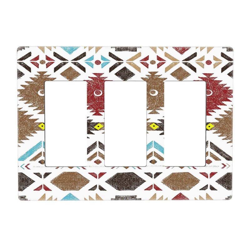 [Australia - AusPower] - Brown Red Abstract Retro Tribal Navajo Aztec Ethnic Colorful Boho Modern Geometric 3 Gang Triple Rocker/GFCI Light Switch Wall Plate Cover Electrical Faceplate Southwestern Aztec Room Decor Screwless 3 Gang Rocker/GFCI Screwless 