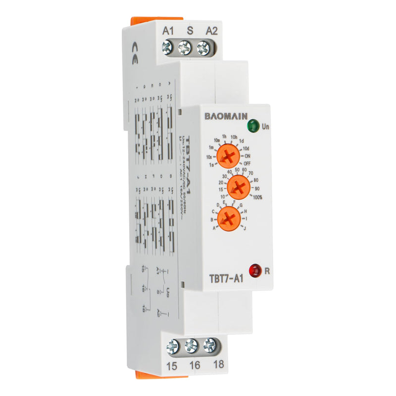 BAOMAIN Multifunction Timer Relay 12-240VAC/DC 16A 10 Functions 1 SPDT Time Relay for DIN Rail Mounting TBT7-A1