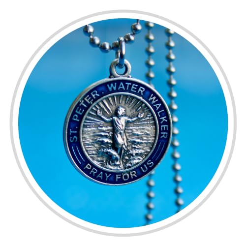 Mens Saint Peter Necklace, Catholic Patron Saint of Water Sports, Blue Enameled Alloy Medallion Made in Italy
