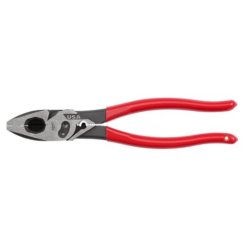 Milwaukee 9-inch lineman’s side-cutting pliers with dipped grip, crimper, and bolt cutter