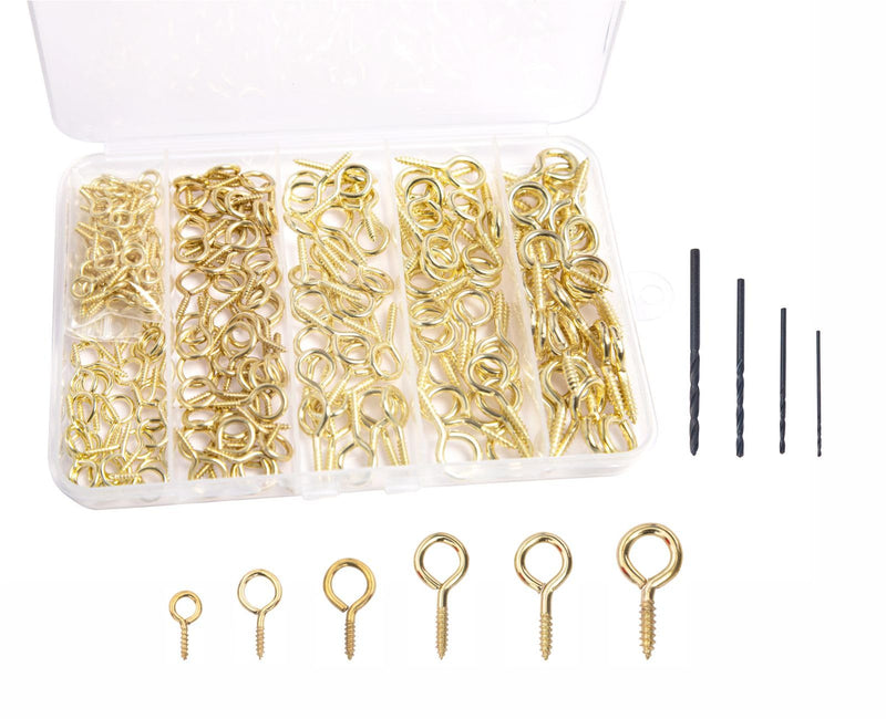 [Australia - AusPower] - 240PCS Eye Hooks Screw Metal 0.67 Inches-1.1 Inches Small Eyelet Screws for Wood (0#-5#) I Hooks Yellow+4pcs Drill Bit(1.0,1.5,2,2.5) Yellow 0#-5# 