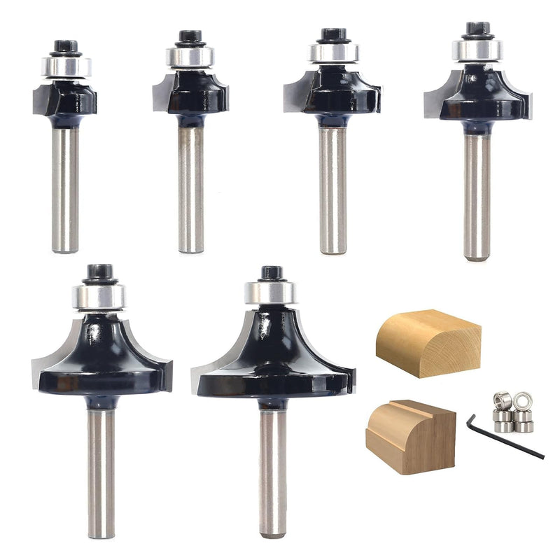 [Australia - AusPower] - 6pcs Roundover Router Bit Set - Round Over Router Bits 1/4 Shank with 6 Bearings 3/8", Carbide Corner Rounding Edge-Forming Bit, for Round Over Beading, for Rounding Trim 6pcs roundover bit 