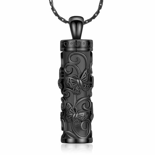 Butterfly Cylinder Urn Necklace Cremation Ashes Jewelry for Women Men Black