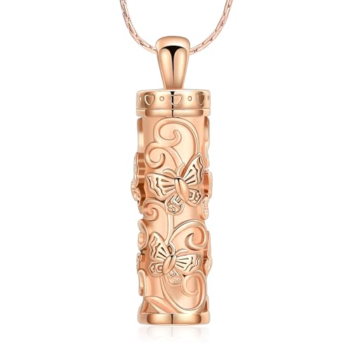 Butterfly Cylinder Urn Necklace Cremation Ashes Jewelry for Women Men Rose gold