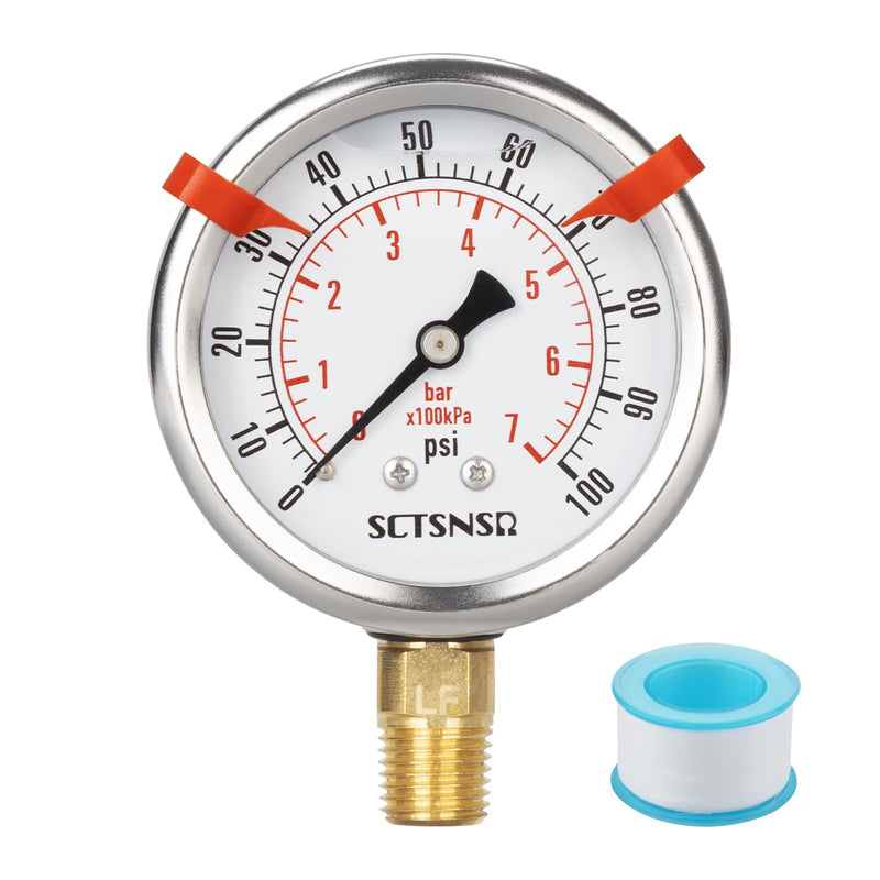 [Australia - AusPower] - 0 to 100 Psi Lead-Free Pressure Gauge, Glycerin Liquid Filled, 2.5 inch Dial, 1/4" NPT Lower Mount, Stainless Steel Case, for Water Pump, Pneumatic Air, Well Tank, RV Hose, Gas, Pressure Test 0-100 Psi Lower Mount Lead-Free 