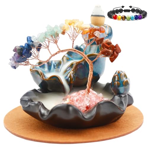 Dreamgirnh Chakras Backflow Incense Burner, Crystal Tree Incense Waterfall Fountain, Cone Incense Holde, Living Room Shelf Aesthetic Decor 7 Chakras