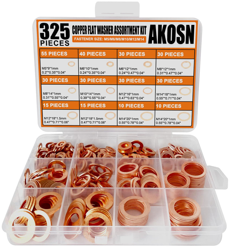 [Australia - AusPower] - 325 PCS, 10 Sizes, Premium Copper Metric Sealing Crush Washers Assortment Kit, Upgraded Flat Ring Oil Drain Plug Crush Washer Gasket Seal Assortment Set, Banjo Bolt Washer for Automotive, Motorcycles 